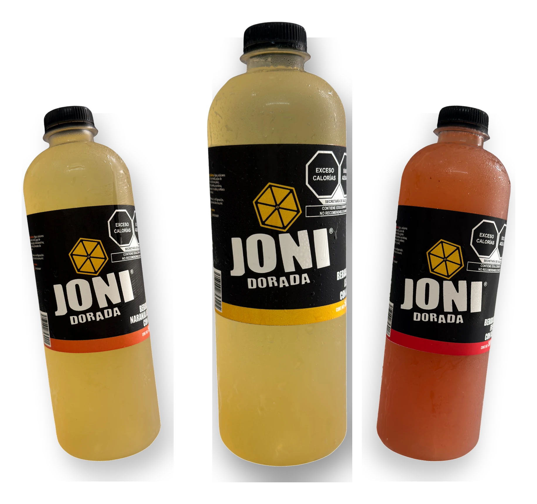 Tres botellas Joni Dorada con sabor limón al centro